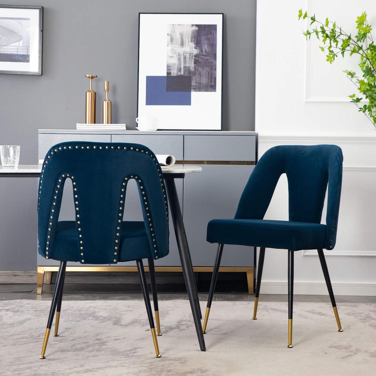 Akoya Collection Modern Contemporary Velvet Upholstered Dining Chair with Nailheads and Gold Tipped Black Metal Legs, Blue, Set of 2