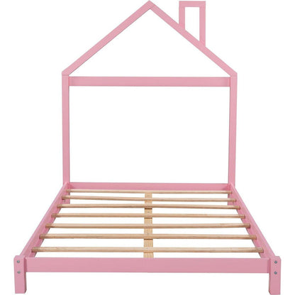 Full Size Wood Platform Bed with House-shaped Headboard (Pink)