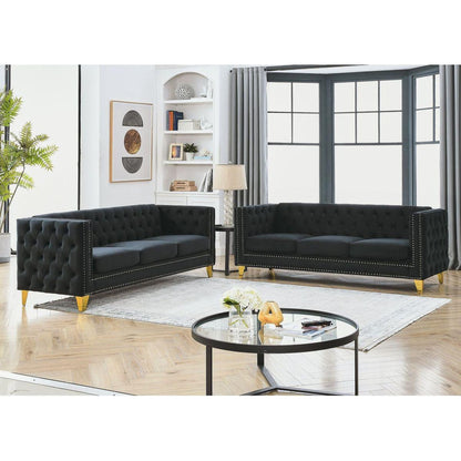 Velvet Sofa for Living Room,Buttons Tufted Square Arm Couch, Modern Couch Upholstered Button and Metal Legs, Sofa Couch for Bedroom, Black Velvet, 2PCS