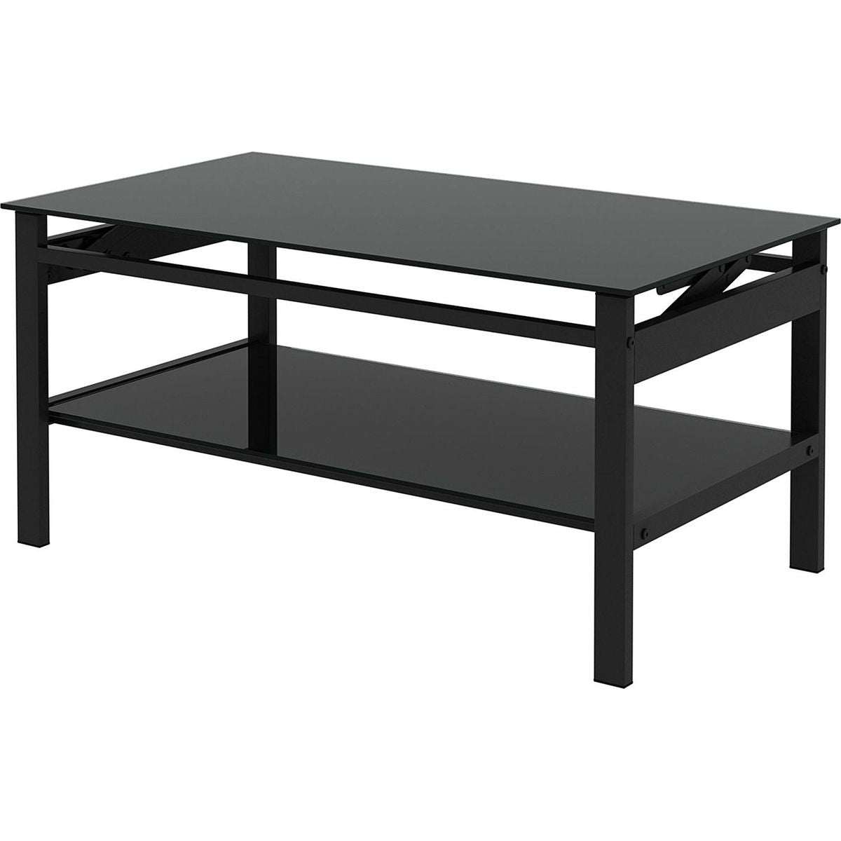 Glass Lift Top Coffee Table, Modern Simple 2-Layer Tempered Glass Coffee Table for Living Room, Black