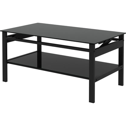 Glass Lift Top Coffee Table, Modern Simple 2-Layer Tempered Glass Coffee Table for Living Room, Black