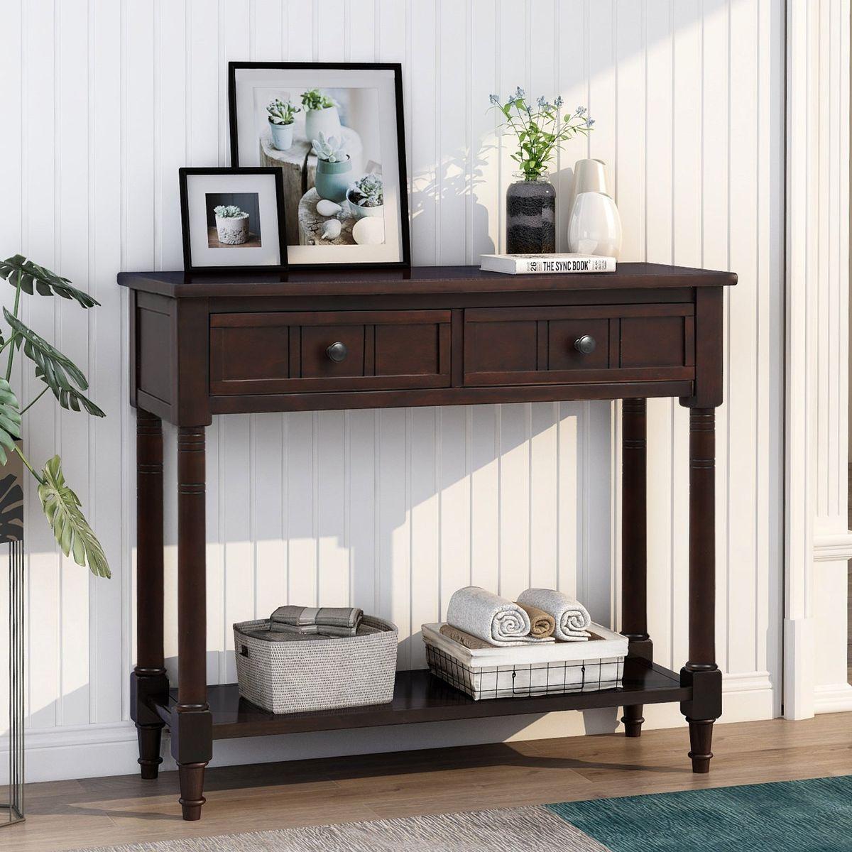 Daisy Series Console Table Traditional Design with Two Drawers and Bottom Shelf (Espresso)