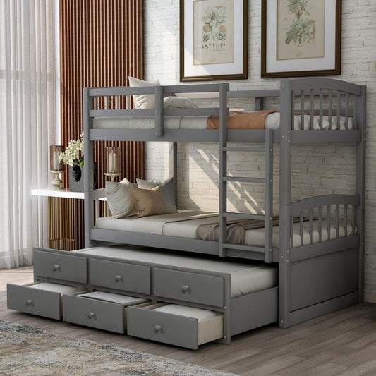 Twin Bunk Bed with Ladder, Safety Rail, Twin Trundle Bed with 3 Drawers for Bedroom, Guest Room Furniture(Gray)