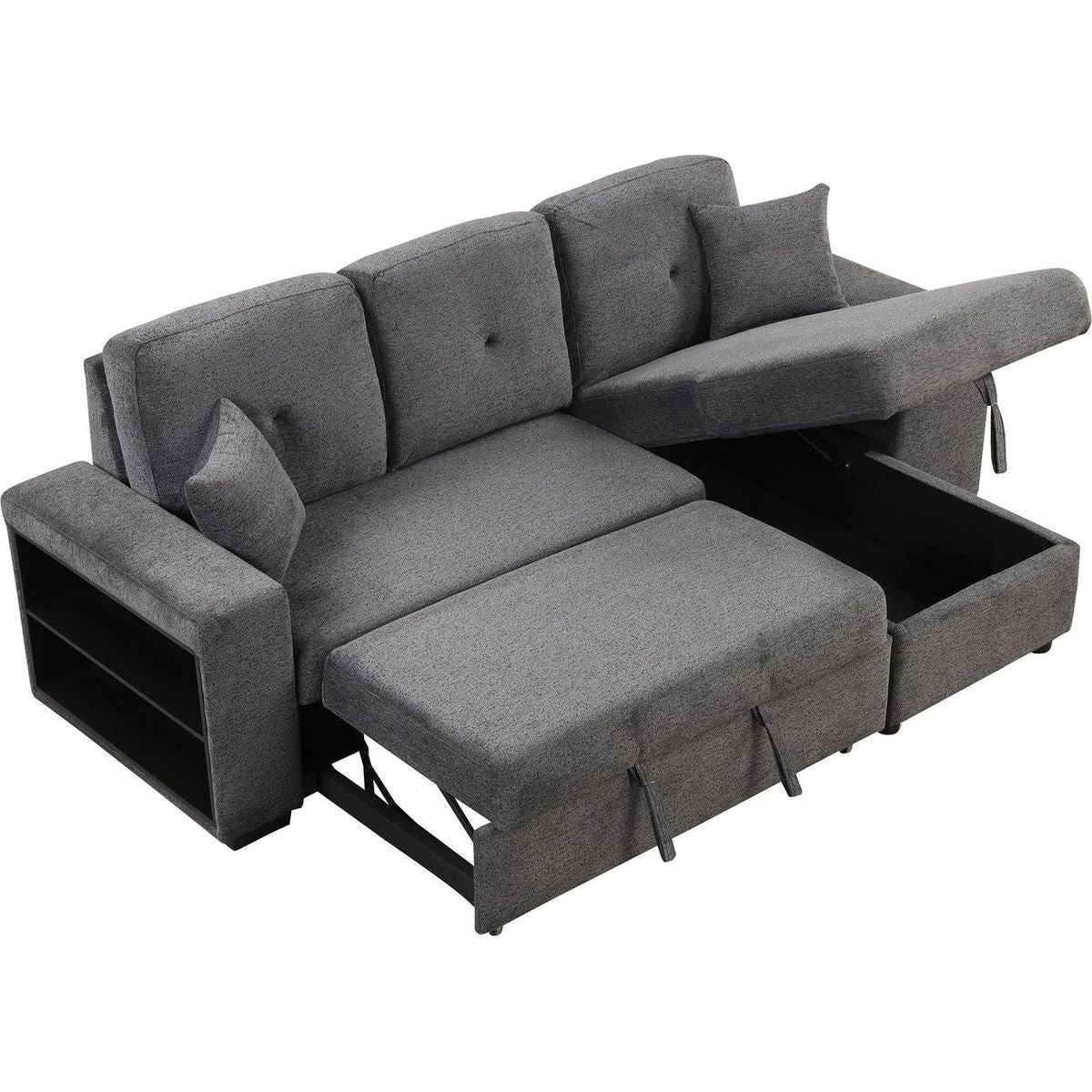 Reversible Sleeper Sectional Sofa Bed with Side Shelf and 2 Stools, Pull-Out L-Shaped Sofa Bed, Corner Sofa-Bed with Storage Chaise Left/Right Hande for Living Room, Blue Black