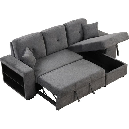 Reversible Sleeper Sectional Sofa Bed with Side Shelf and 2 Stools, Pull-Out L-Shaped Sofa Bed, Corner Sofa-Bed with Storage Chaise Left/Right Hande for Living Room, Blue Black