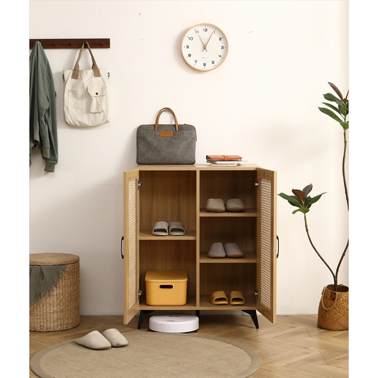 Natural Rattan Storage Cabinet Double-Door Shoe Cabinet with Large Storage Space and Durable Structure 29.5inch