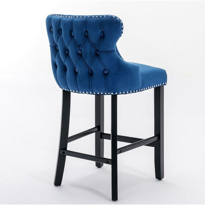 Contemporary Velvet Upholstered Wing-Back Barstools with Button Tufted Decoration and Wooden Legs, and Chrome Nailhead Trim, Leisure Style Bar Chairs,Bar stools,Set of 2 (Blue)