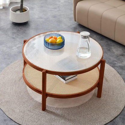 Modern minimalist circular double-layer solid wood coffee table, craft glass tabletop, second layer material: PE rattan, solid wood frame. 34.6 'x 34.6' x 17.7"