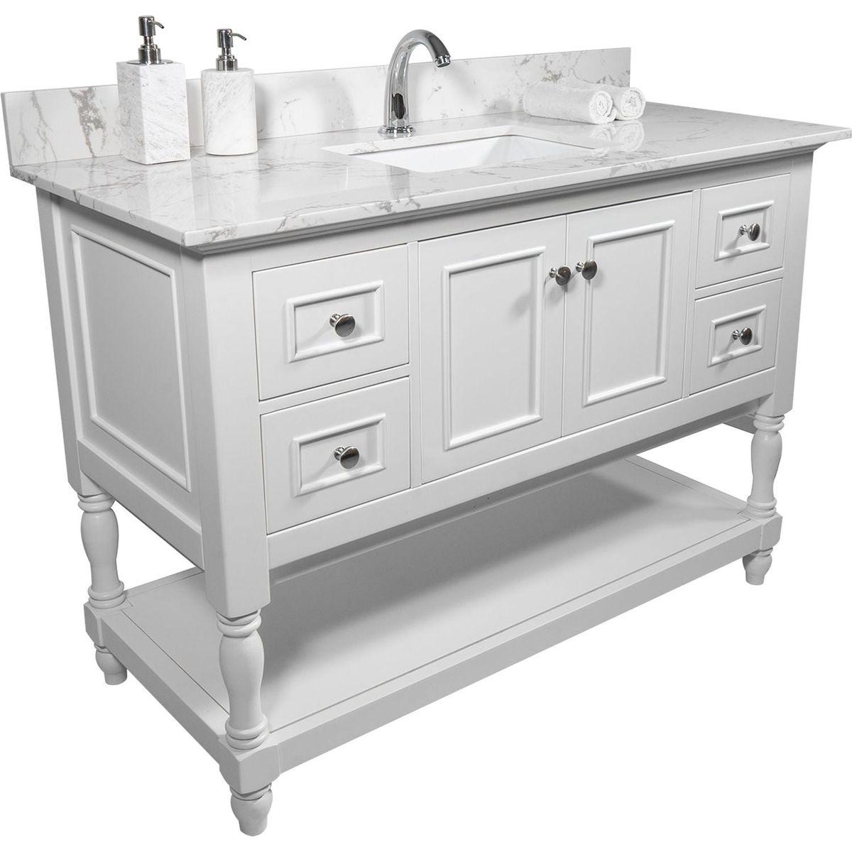 43"x22" bathroom stone vanity top engineered stone carrara white marble color with rectangle undermount ceramic sink and single faucet hole with back splash .