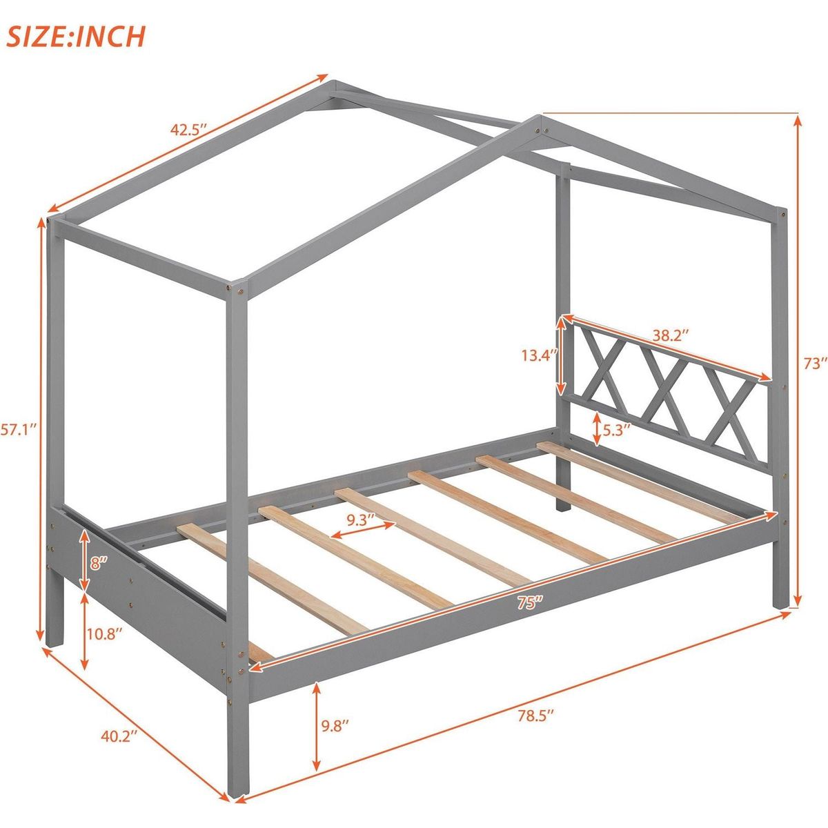 Twin Size Wood House Bed with Storage Space, Gray