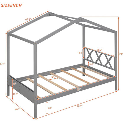 Twin Size Wood House Bed with Storage Space, Gray