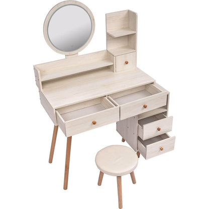 Stylish Vanity Table + Cushioned Stool, Touch Control LED Mirror, Large Capacity Storage Cabinet, 5 Drawers, Fashionable Makeup Furniture, Length Adjustable(L31.5"-43.2"x W15.8" x H48.1")