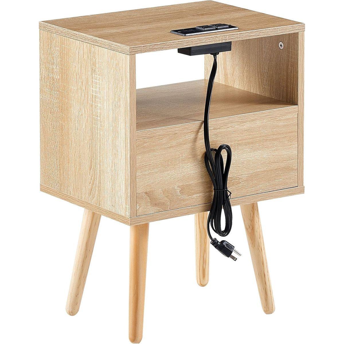 15.75" Rattan End table with Power Outlet & USB Ports, Modern nightstand with drawer and solid wood legs, side table for living roon, bedroom, natural