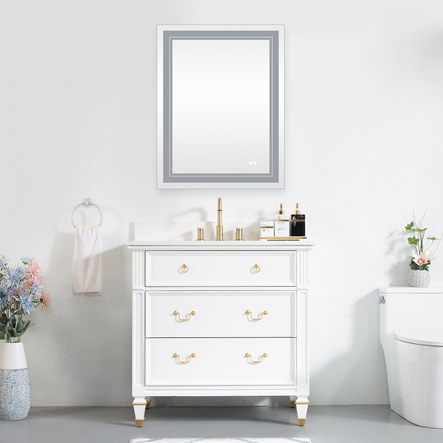 28x36 Inch LED Lighted Bathroom Mirror with 3 Colors Light, Wall Mounted Bathroom Vanity Mirror with Touch Button, Anti-Fog Dimmable Makeup Mirror (Horizontal/Vertical)