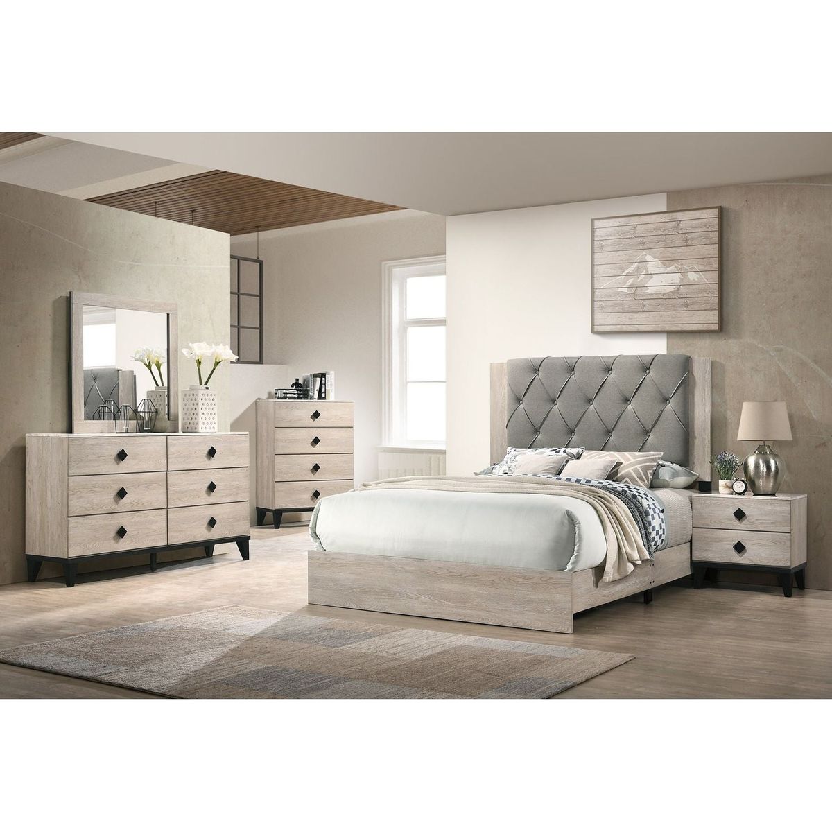 Bedroom Furniture Contemporary Look Cream Color Nightstand Drawers Bed Side Table plywood