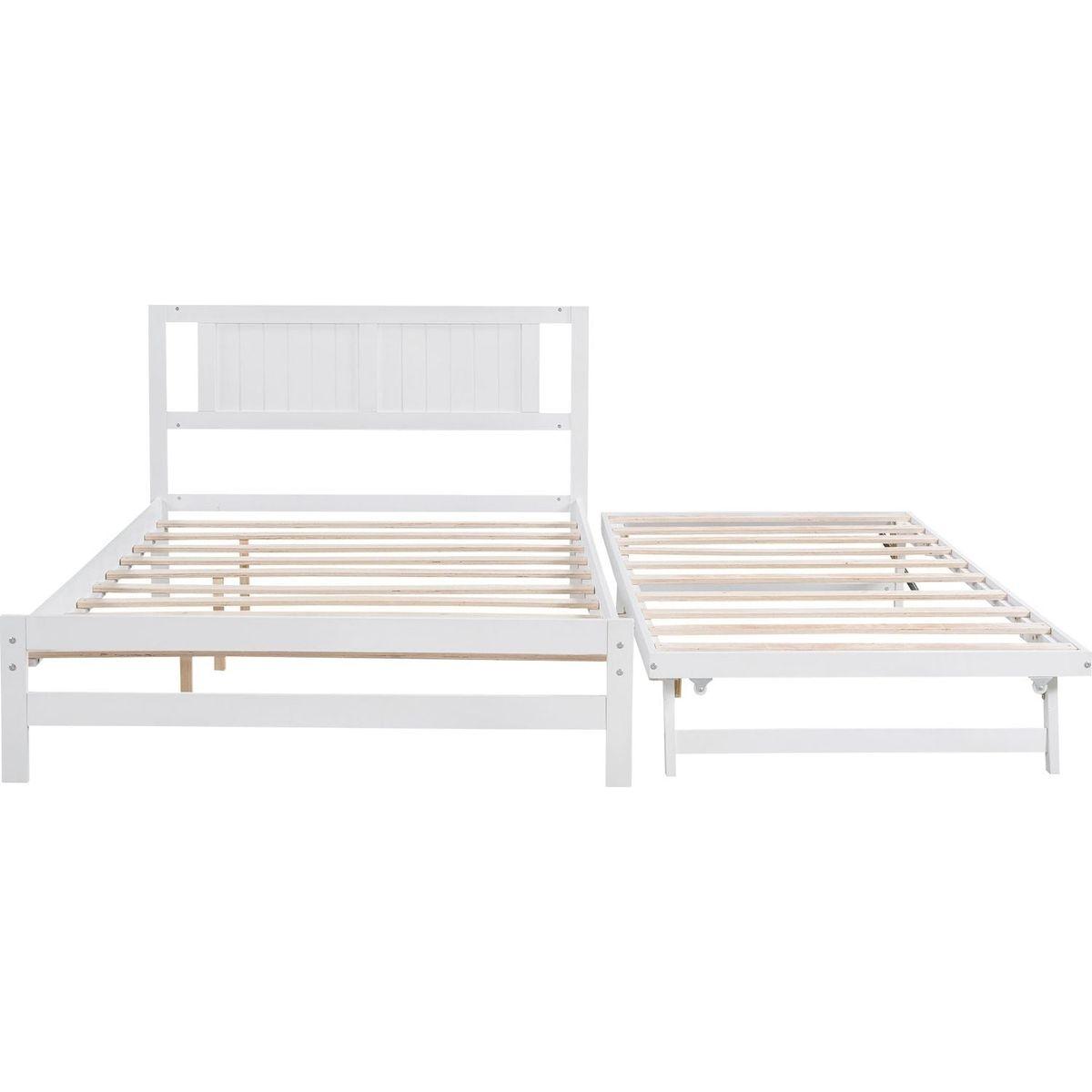 Full Size Platform Bed with Adjustable Trundle, White