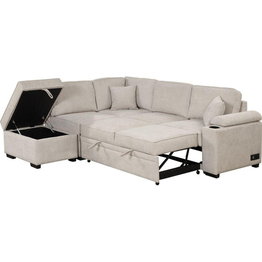 87.4" Sleeper Sofa Bed, 2 in 1 Pull Out sofa bed L Shape Couch with Storage Ottoman for Living Room, Bedroom Couch and Small Apartment, Beige - Streamdale Furniture