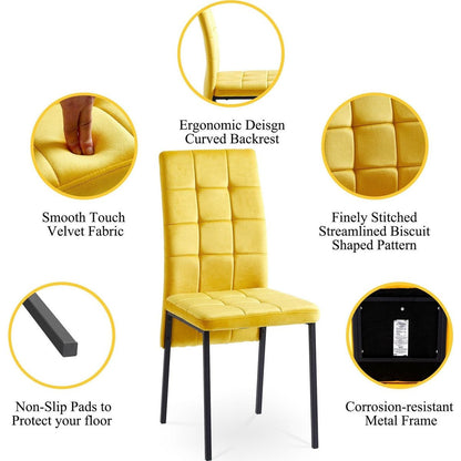 Yellow Velvet High Back Nordic Dining Chair Modern Fabric Chair with Black Legs, Set Of 2