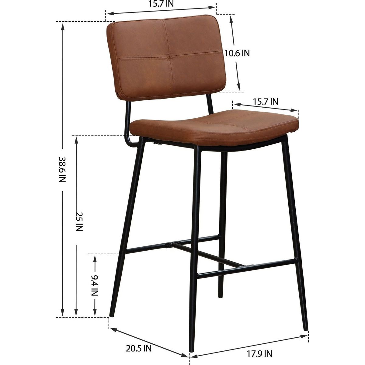 Bar Stools Set of 2, 25" Hight Back Stool Upholstered Counter Chair Heavy-Duty Steel Frame Pub Breakfast Bar Chairs for Kitchen, Brown