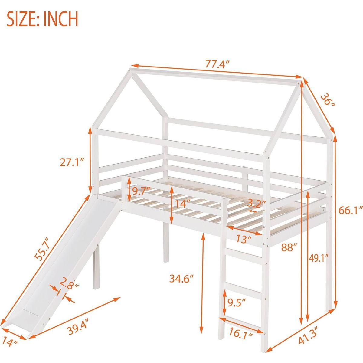 Twin Loft Bed with Slide, House Bed with Slide, White