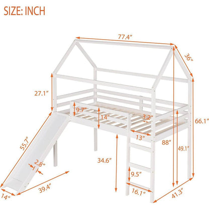 Twin Loft Bed with Slide, House Bed with Slide, White