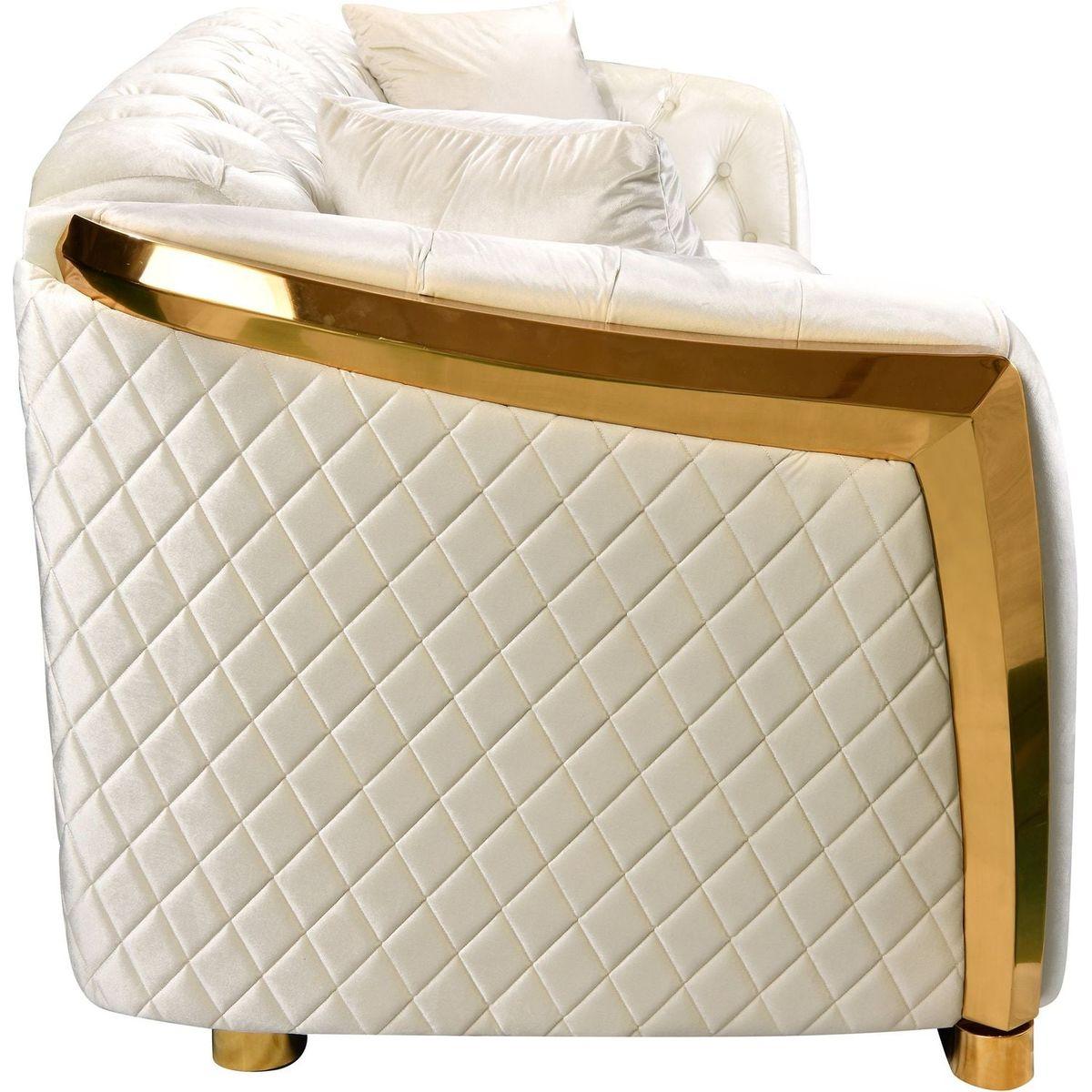 Velvet Luxury Chesterfield Sofa Set, 84 Inches Tufted 3 Seat Couch with Gold Stainless for Living Room, Beige Fabric