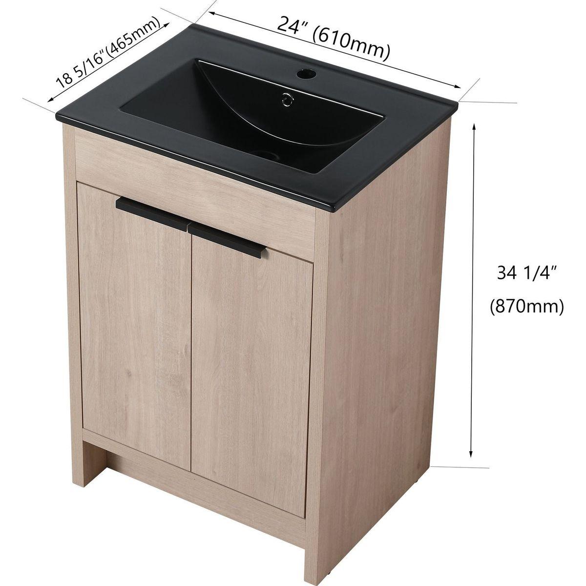 24 Inch Freestanding Bathroom Vanity with Black Ceramic Sink & 2 Soft-Close Cabinet Doors (BLO-G-BL9060BK),W1286S