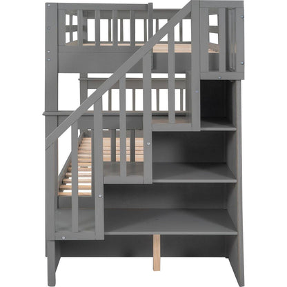 Stairway Twin-Over-Twin Bunk Bed with Three Drawers for Bedroom, Dorm - Gray - Streamdale Furniture