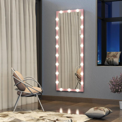 Hollywood Full Length Mirror with Lights Full Body Vanity Mirror with 3 Color Modes Wall Lighted Standing Floor Mirror for Dressing Room Bedroom Hotel Touch Control Pink 62.6"x23.3" - Streamdale Furniture