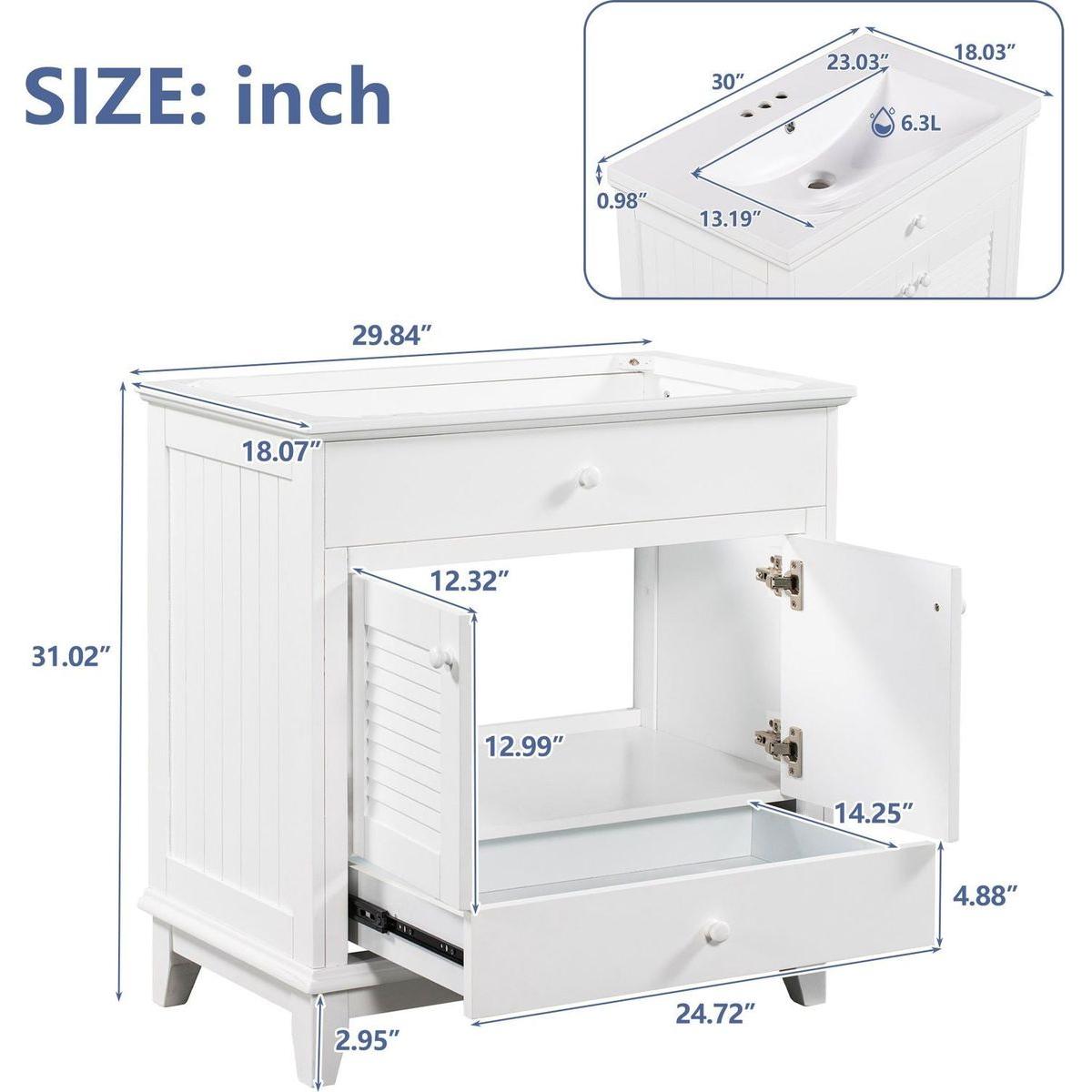 30" Bathroom Vanity Base without Sink, Bathroom Cabinet with Two Doors and One Drawer, White