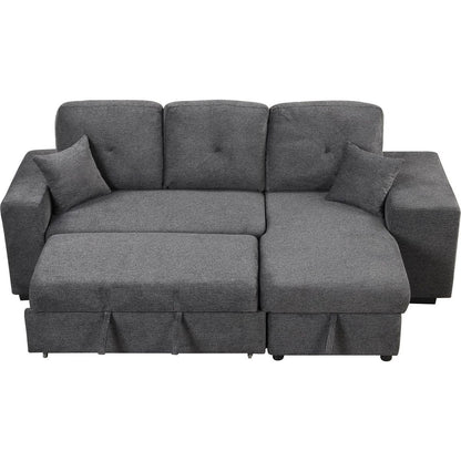 Reversible Sleeper Sectional Sofa Bed with Side Shelf and 2 Stools, Pull-Out L-Shaped Sofa Bed, Corner Sofa-Bed with Storage Chaise Left/Right Hande for Living Room, Blue Black