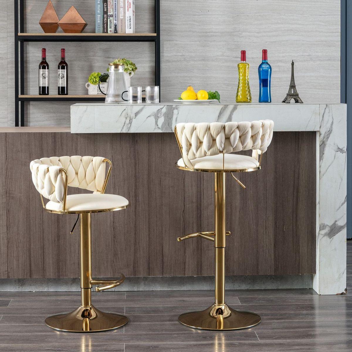 Set of 2 Bar Stools, with Chrome Footrest and Base Swivel Height Adjustable Mechanical Lifting Velvet + Golden Leg Simple Bar Stool-Cream - Streamdale Furniture