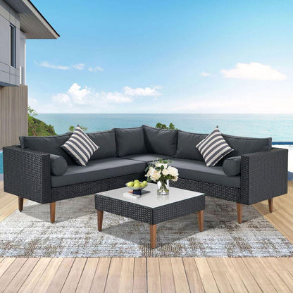 GO 4-pieces Outdoor Wicker Sofa Set, Patio Furniture with Colorful Pillows, L-shape sofa set, Gray cushions and Black Rattan