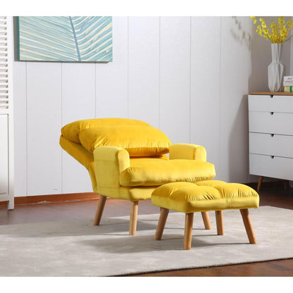 Soft Comfortable 1pc Accent Click Clack Chair with Ottoman Yellow Fabric Upholstered Oak Finish Legs Living Room Furniture