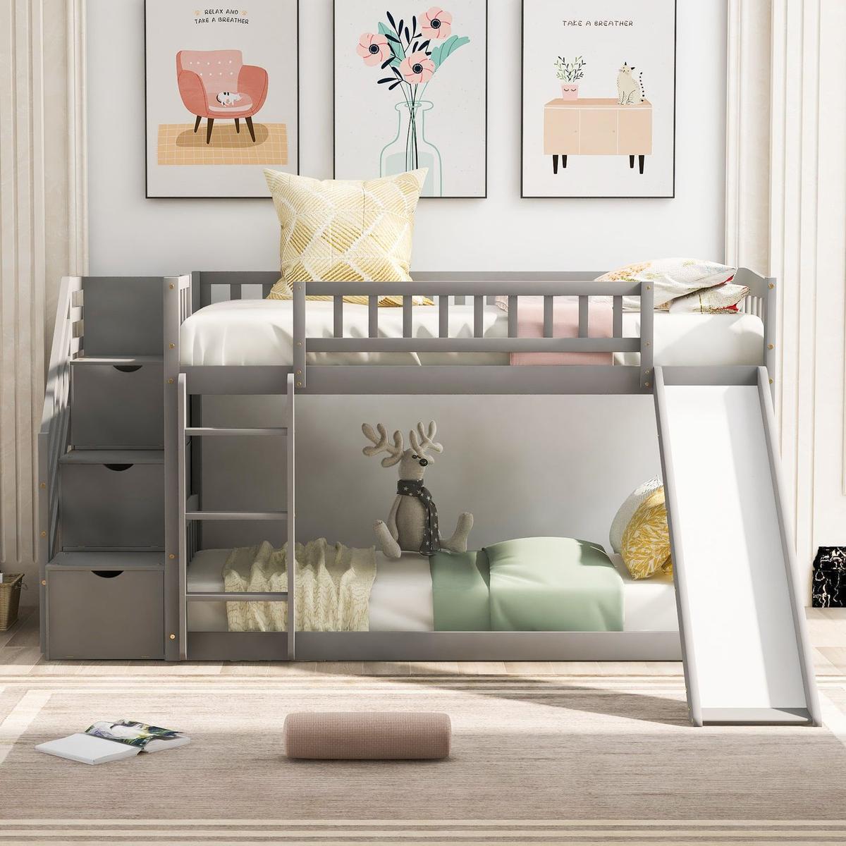 Stairway Twin over Twin Bunk Bed with Two Drawers and Slide, Gray