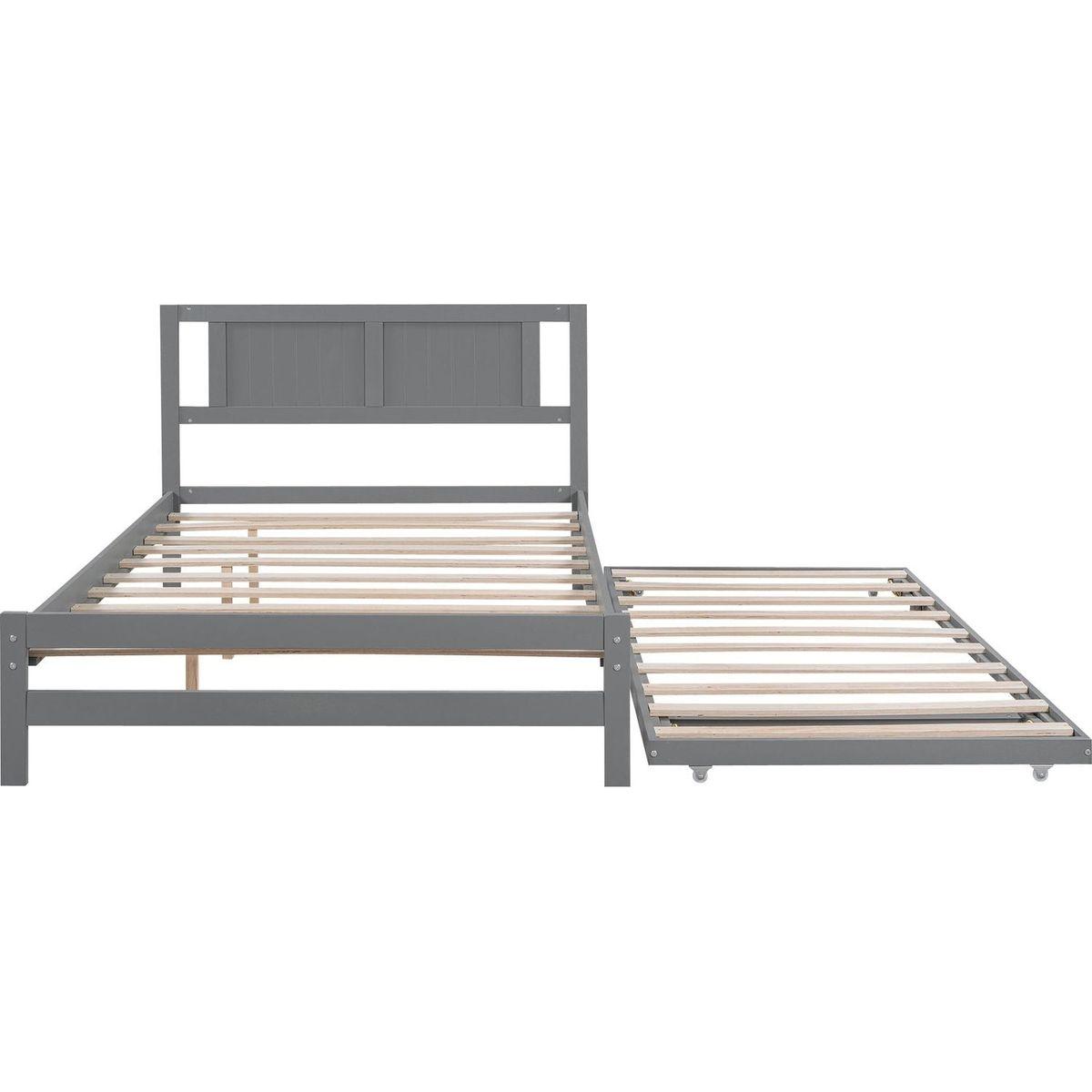 Full Size Platform Bed with Adjustable Trundle, Gray