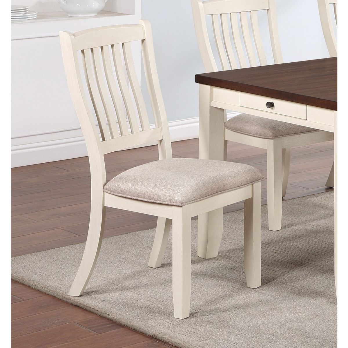 White Classic 2pcs Dining Chairs Set Rubberwood Beige Fabric Cushion Seats Slats Backs Dining Room Furniture Side Chair