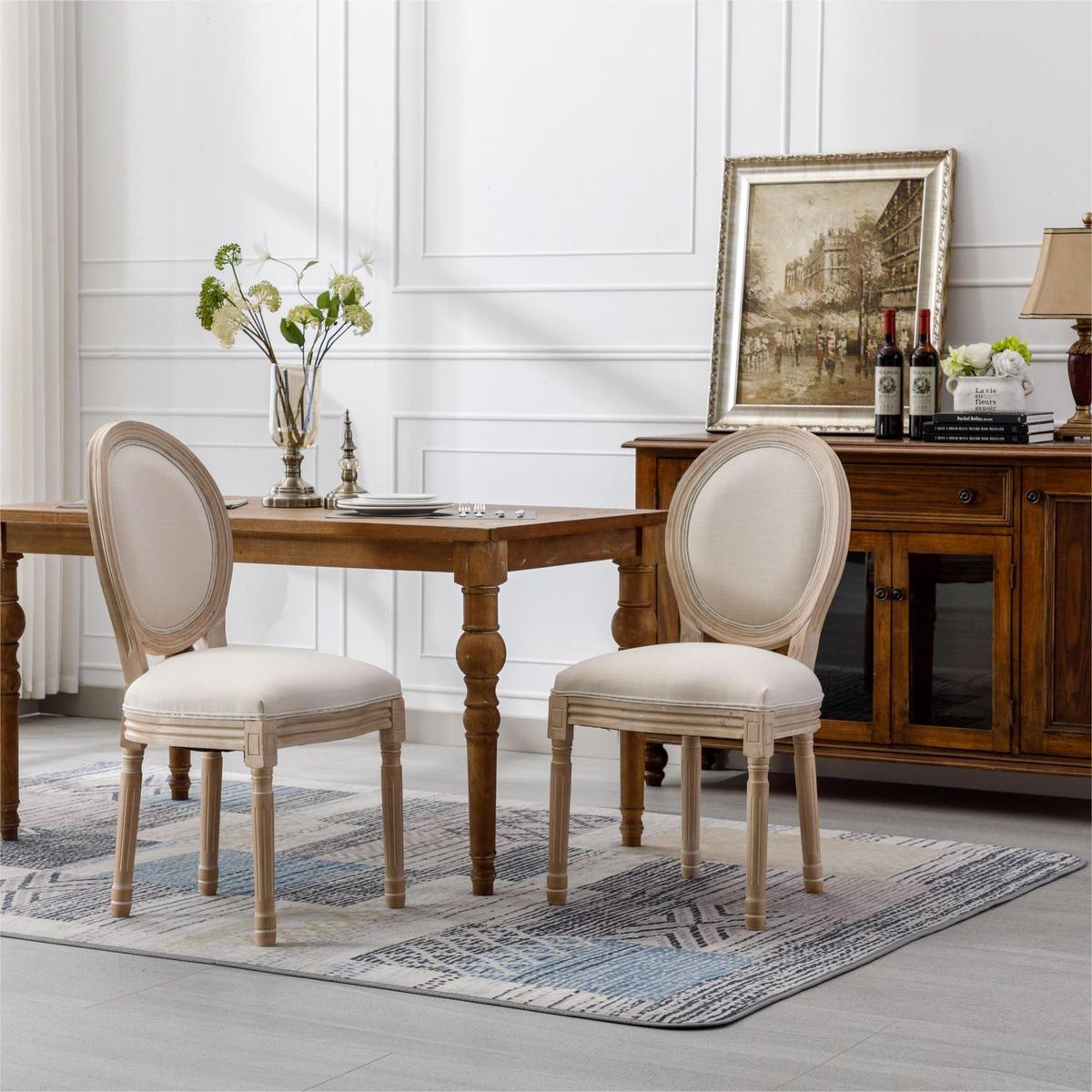 French Style Solid Wood Frame Antique Painting Linen Fabric Oval Back Dining Chair, Set of 2, Cream