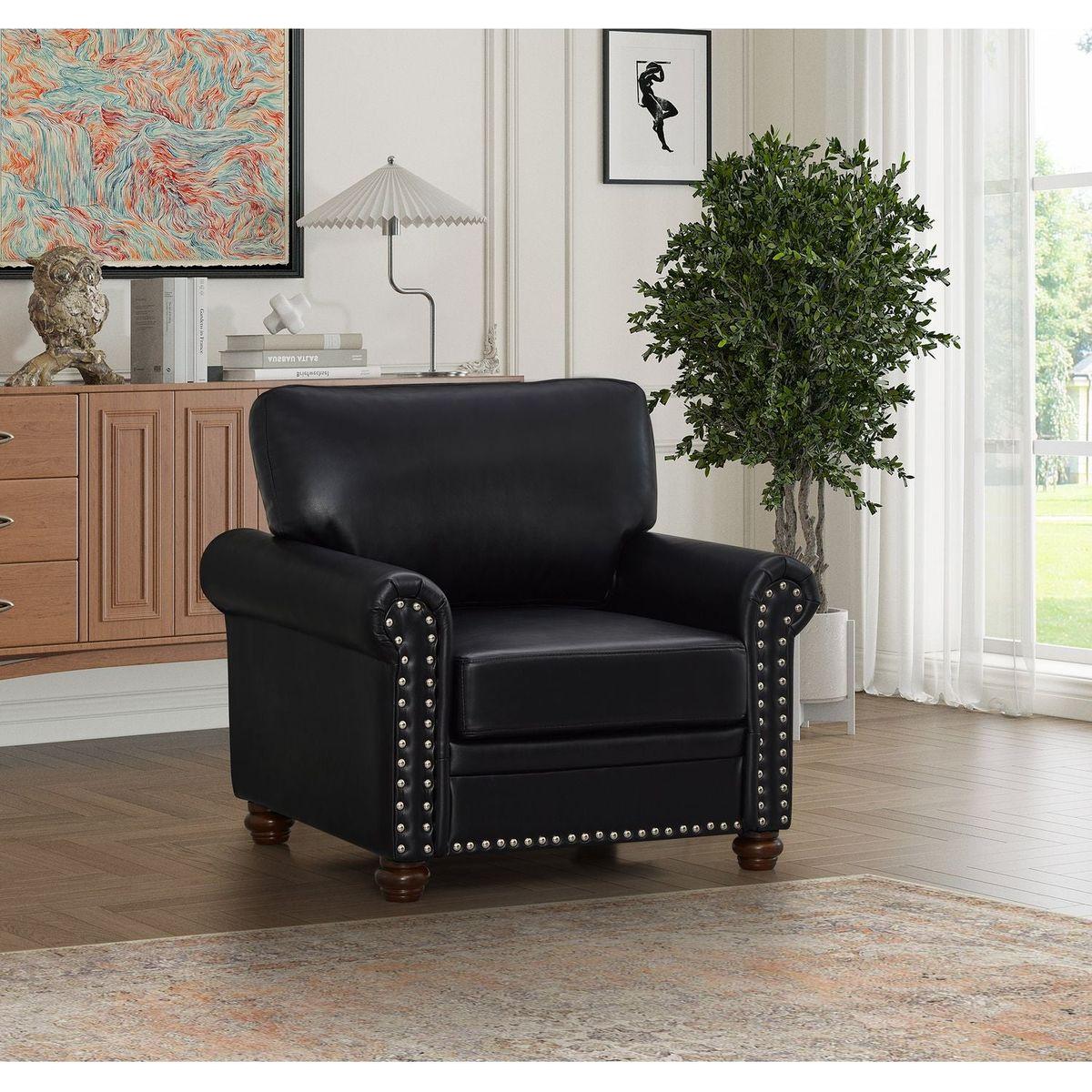 Living Room Sofa Single Seat Chair with Wood Leg Black Faux Leather