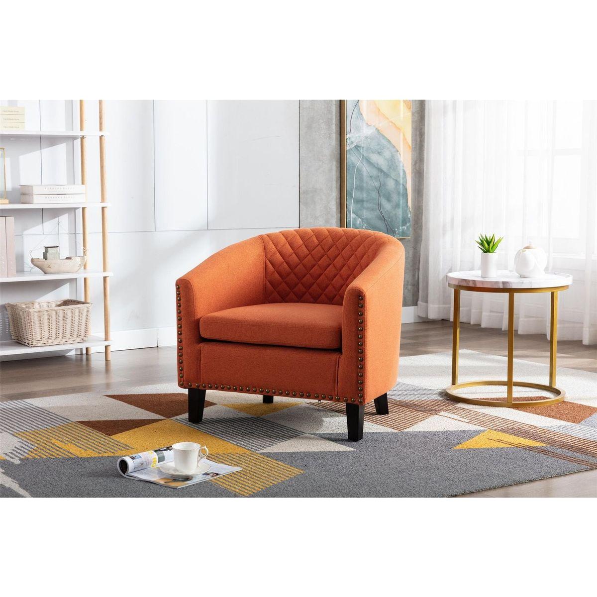 accent Barrel chair living room chair with nailheads and solid wood legs Orange linen