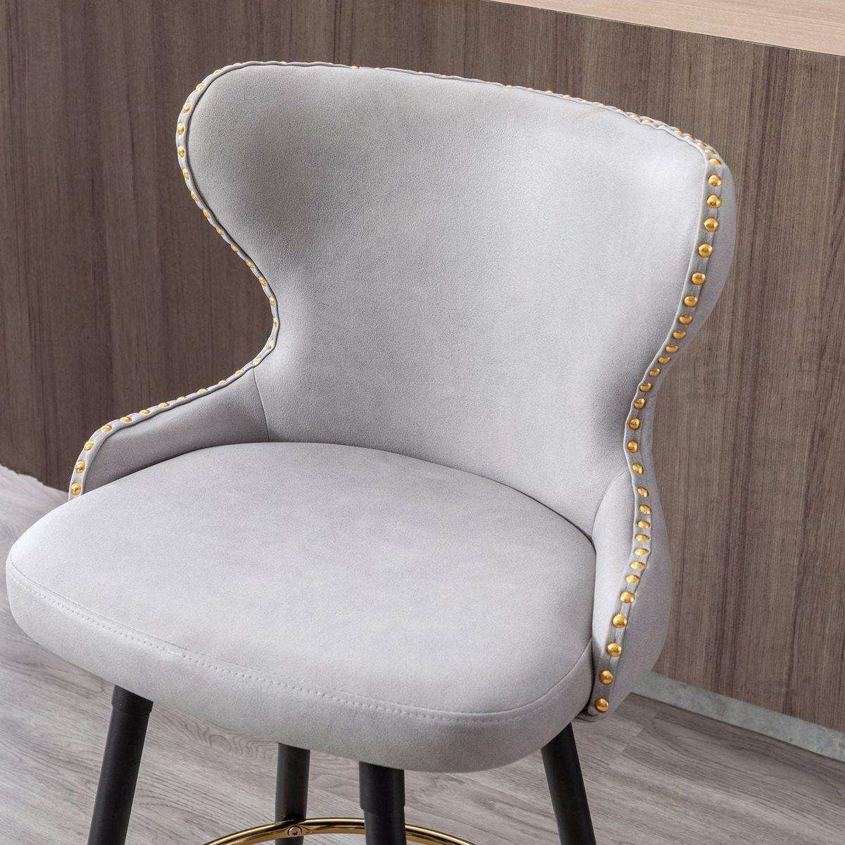 Counter Height 25" Modern Leathaire Fabric bar chairs, 180 degree Swivel Bar Stool Chair for Kitchen, Tufted Gold Nailhead Trim Bar Stools with Metal Legs, Set of 2 (Light Gray)