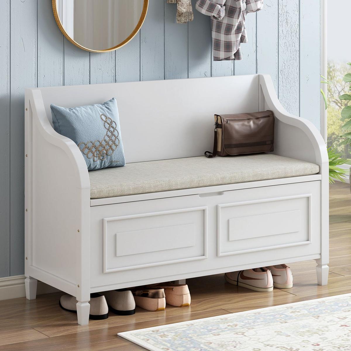 Rustic Style Solid wood Entryway Multifunctional Storage Bench with Safety Hinge (White+ Beige)