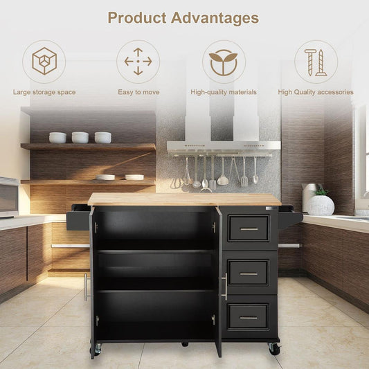 Kitchen Island & Kitchen Cart, Mobile Kitchen Island with Extensible Rubber Wood Table Top, adjustable Shelf Inside Cabinet, 3 Big Drawers, with Spice Rack, Towel Rack, Black-Beech .