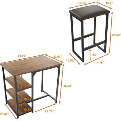 Modern 3-Piece Bar tabies and chairs Set with 2 Chairs for Dining Room, Black Frame+Brown oak board surface+Black cushion