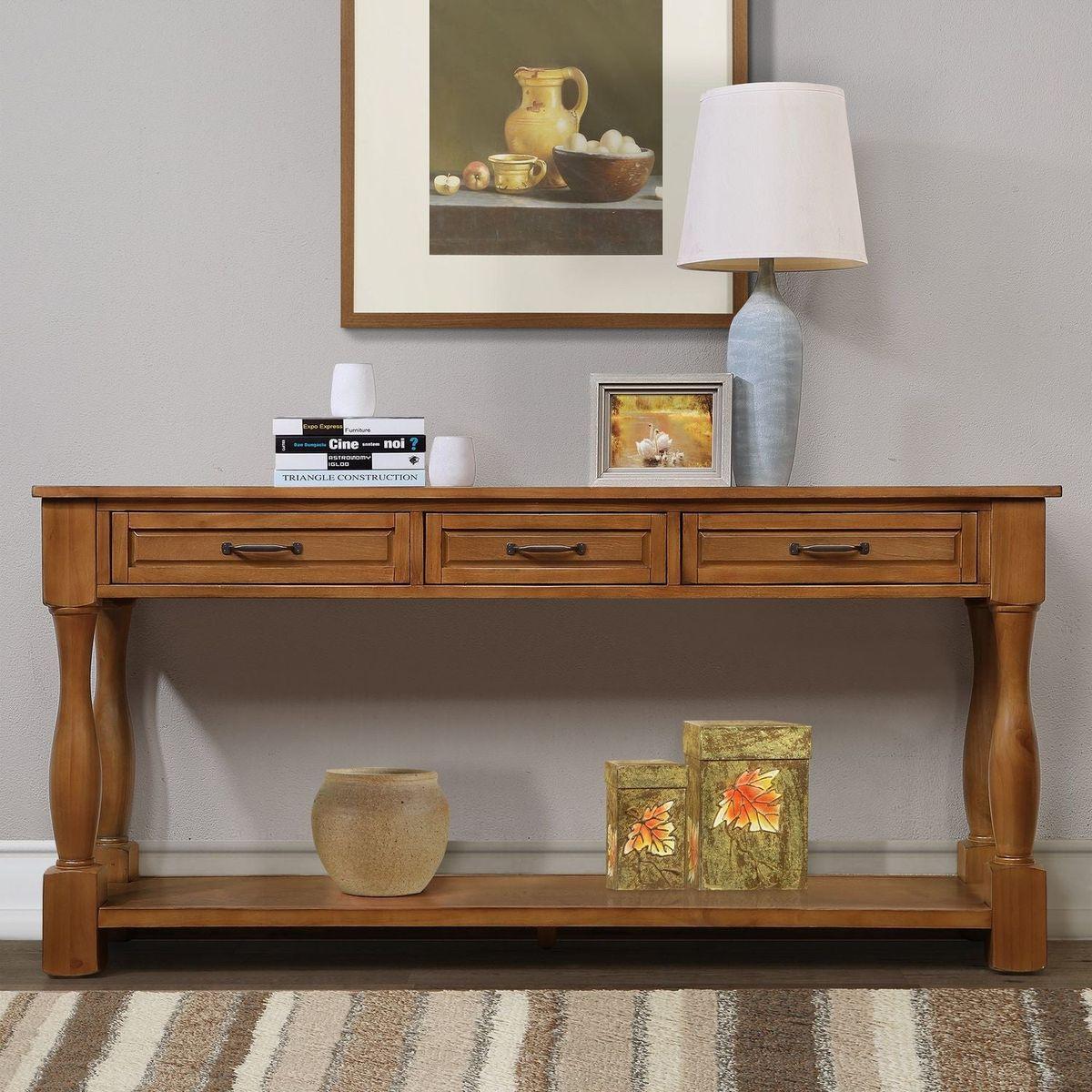 63inch Long Wood Console Table with 3 Drawers and 1 Bottom Shelf for Entryway Hallway Easy Assembly Extra-thick Sofa Table(Brown)