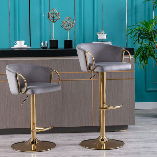 Set of 2 Bar Stools, with Chrome Footrest and Base Swivel Height Adjustable Mechanical Lifting Velvet + Golden Leg Simple Bar - Streamdale Furniture