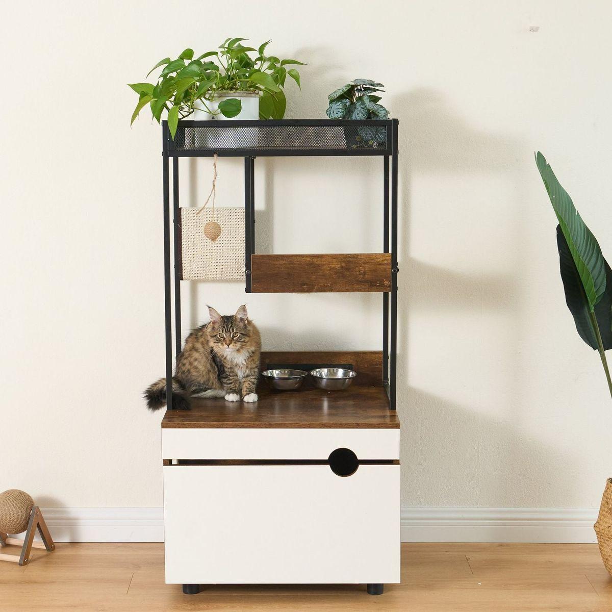 Hidden Cat Litter Box Enclosures with Cat Tree Tower, Cat Furniture with Scratching Pads and Large Storage Space, Industrial Cat Cabinet with Shelves and Doors, Rustic Brown