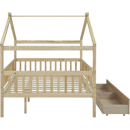 Full Size Wooden House Bed with Two Drawers, Natural