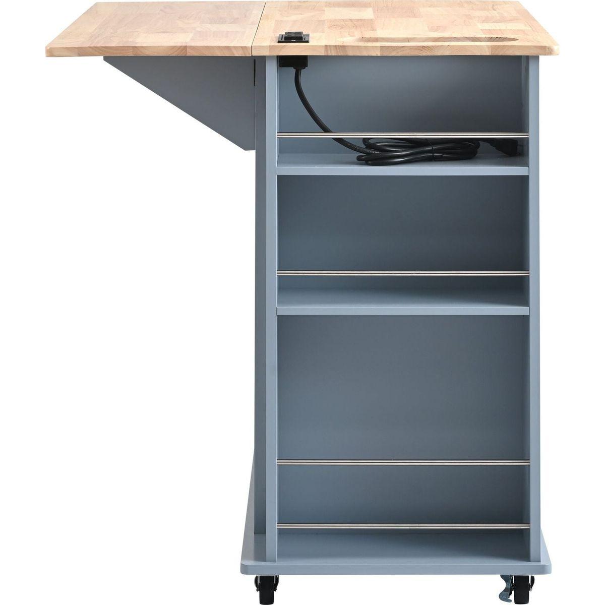 Kitchen Island with Power Outlet,Kitchen Storage Island with Drop Leaf and Rubber Wood,Open Storage and Wine Rack,5 Wheels,with Adjustable Storage for Home, Kitchen, and Dining Room, Grey Blue