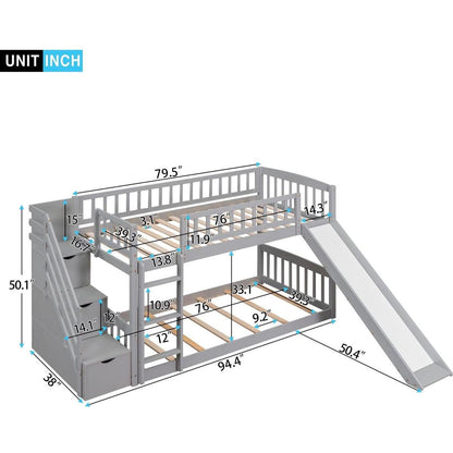 Stairway Twin over Twin Bunk Bed with Two Drawers and Slide, Gray